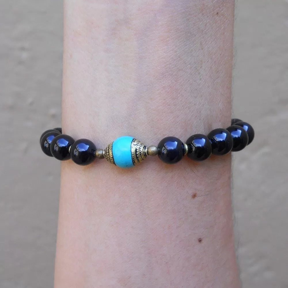 Communication and Patience, Genuine Onyx and Tibetan Capped Turquoise Guru Bead Mala Bracelet