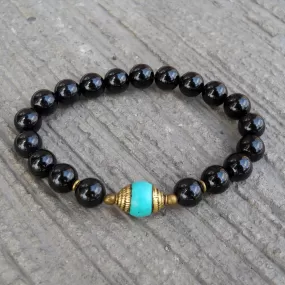 Communication and Patience, Genuine Onyx and Tibetan Capped Turquoise Guru Bead Mala Bracelet