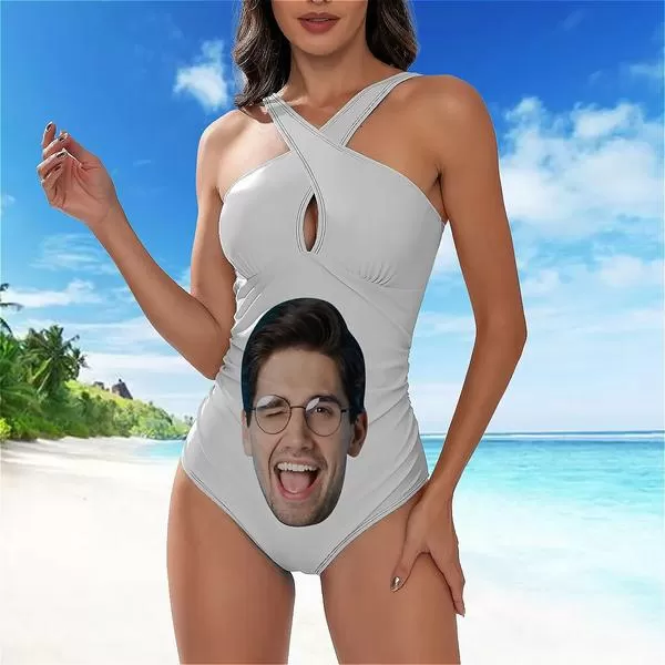 Custom Face White Black Women's Tummy Control Front Cross Backless Swimsuit Bathing Suit Cross Collar One Piece Swimsuit