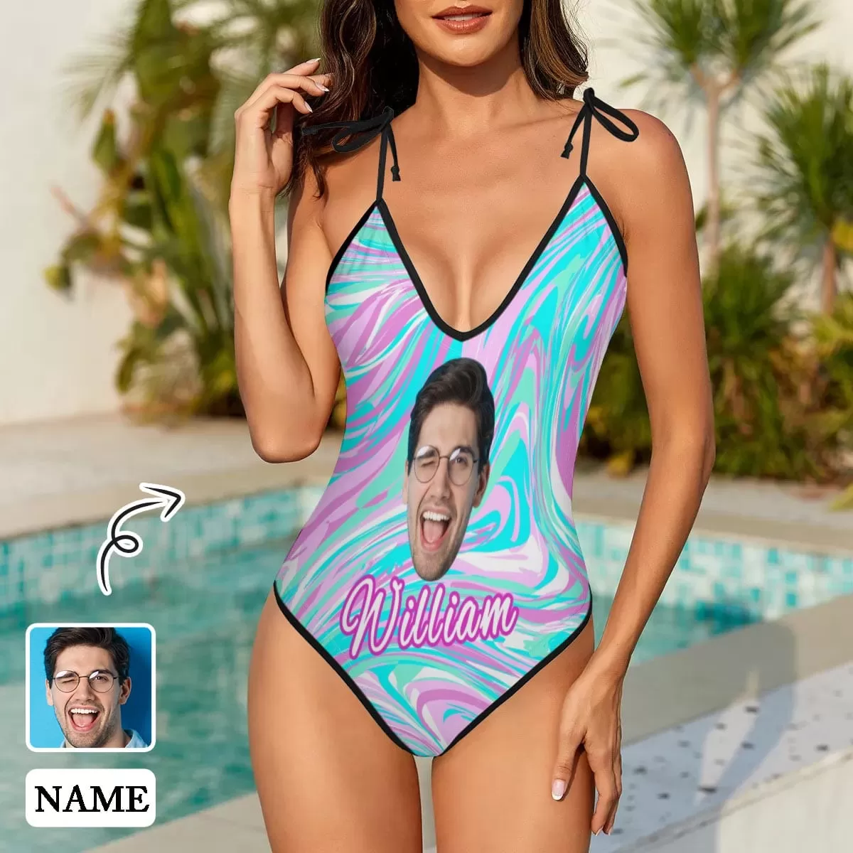 Custom Face&Name Mixed Clolor Personalized Deep V-Neck Women's One-Piece Swimsuit Custom Picture Bathing Suit