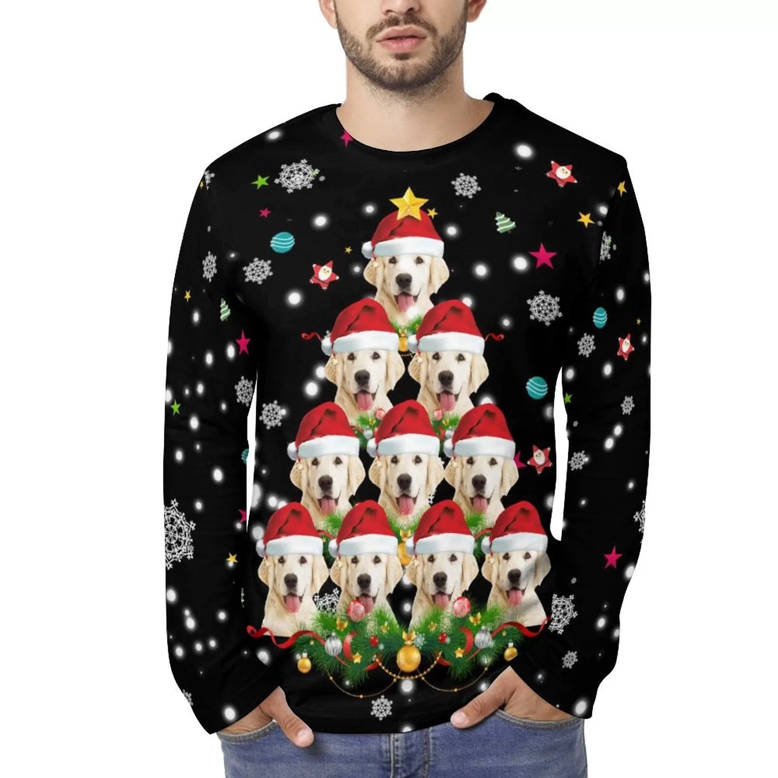 Custom Pet Dog Face Full Print Long Sleeve T-Shirt with Snowflake Christmas Hat Create Your Own Personalized Couple All Over Print T-shirt