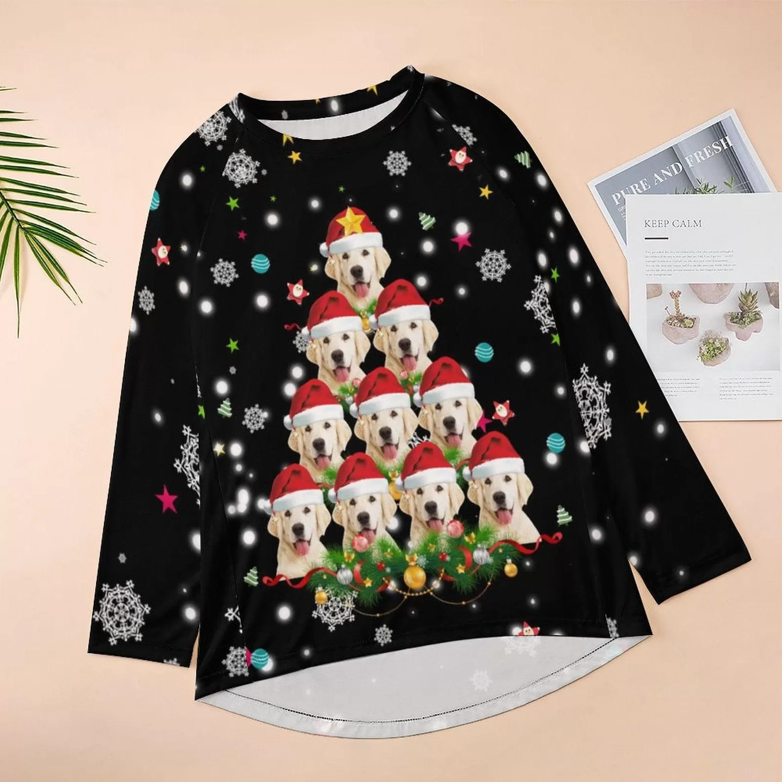 Custom Pet Dog Face Full Print Long Sleeve T-Shirt with Snowflake Christmas Hat Create Your Own Personalized Couple All Over Print T-shirt