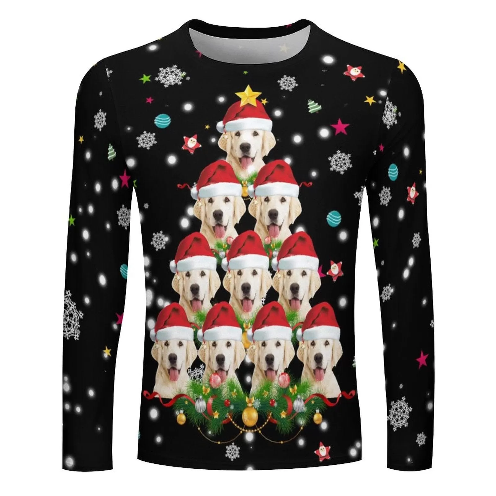 Custom Pet Dog Face Full Print Long Sleeve T-Shirt with Snowflake Christmas Hat Create Your Own Personalized Couple All Over Print T-shirt