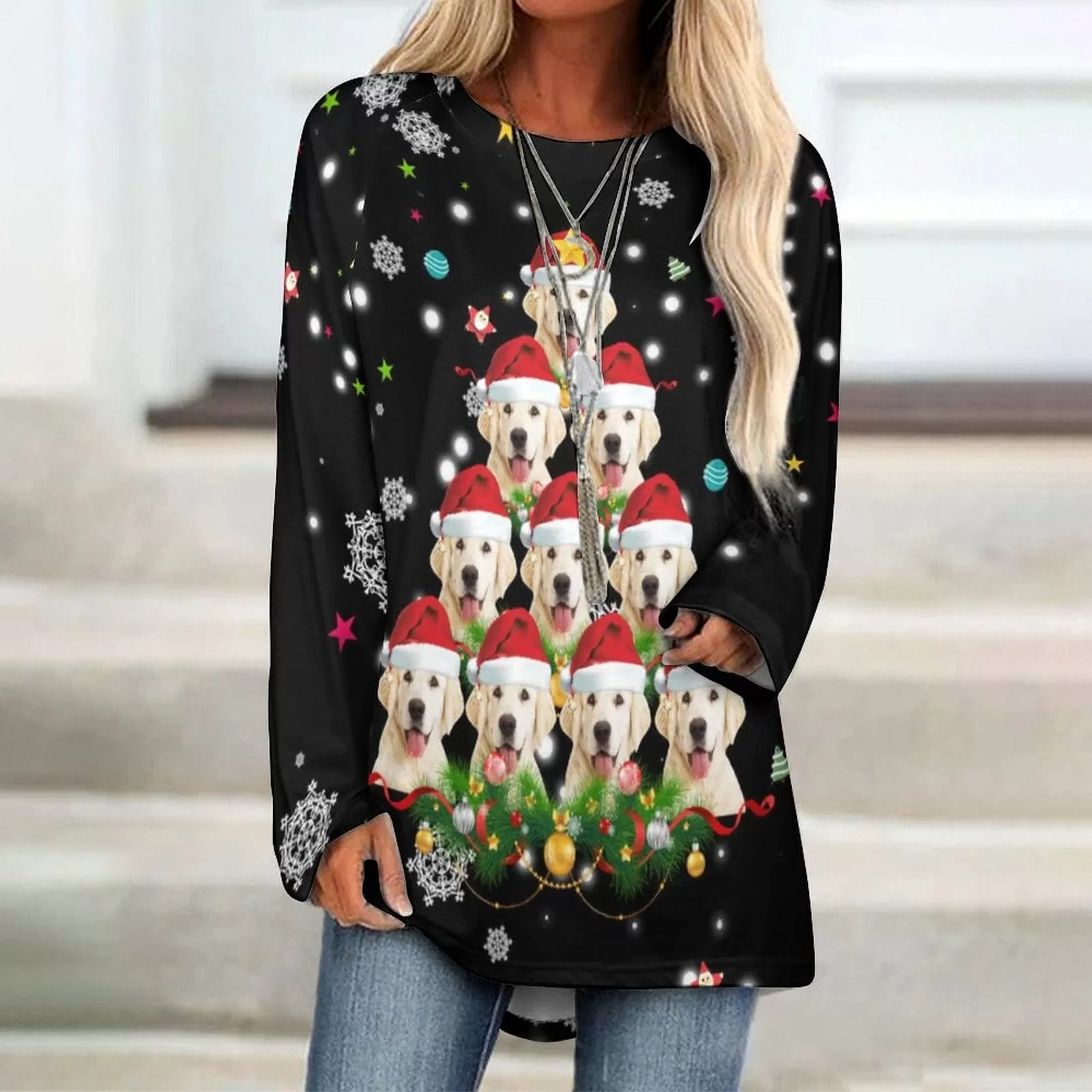 Custom Pet Dog Face Full Print Long Sleeve T-Shirt with Snowflake Christmas Hat Create Your Own Personalized Couple All Over Print T-shirt