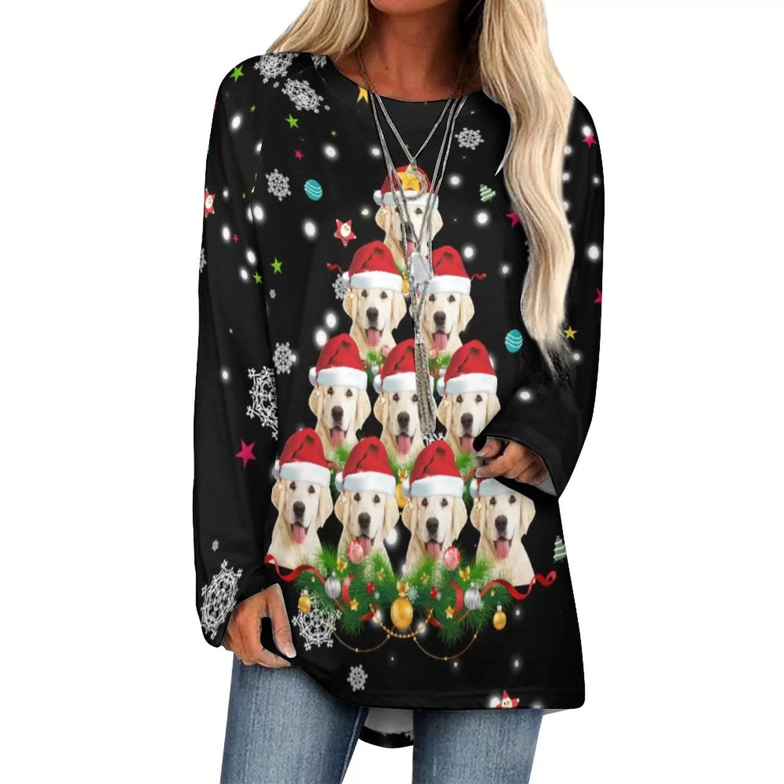 Custom Pet Dog Face Full Print Long Sleeve T-Shirt with Snowflake Christmas Hat Create Your Own Personalized Couple All Over Print T-shirt