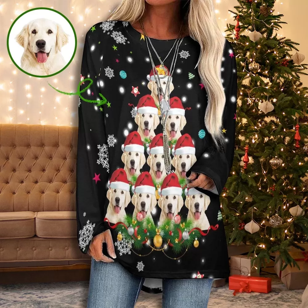 Custom Pet Dog Face Full Print Long Sleeve T-Shirt with Snowflake Christmas Hat Create Your Own Personalized Couple All Over Print T-shirt