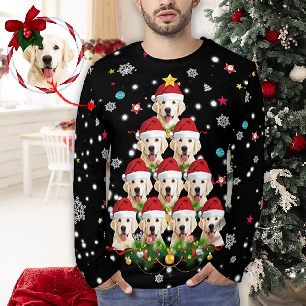 Custom Pet Dog Face Full Print Long Sleeve T-Shirt with Snowflake Christmas Hat Create Your Own Personalized Couple All Over Print T-shirt