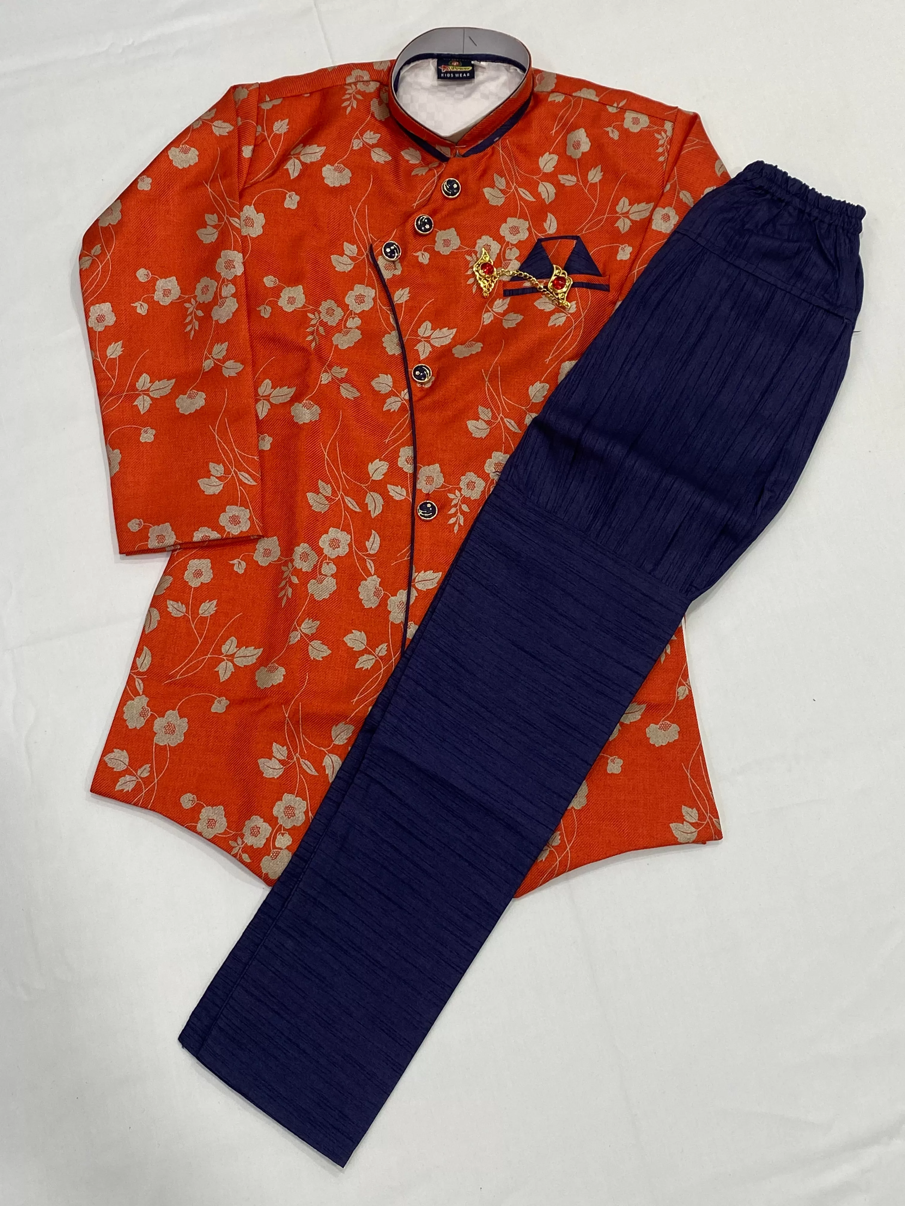 Dazzling Orange Color Boys Kurta Set With Contrast Pajama