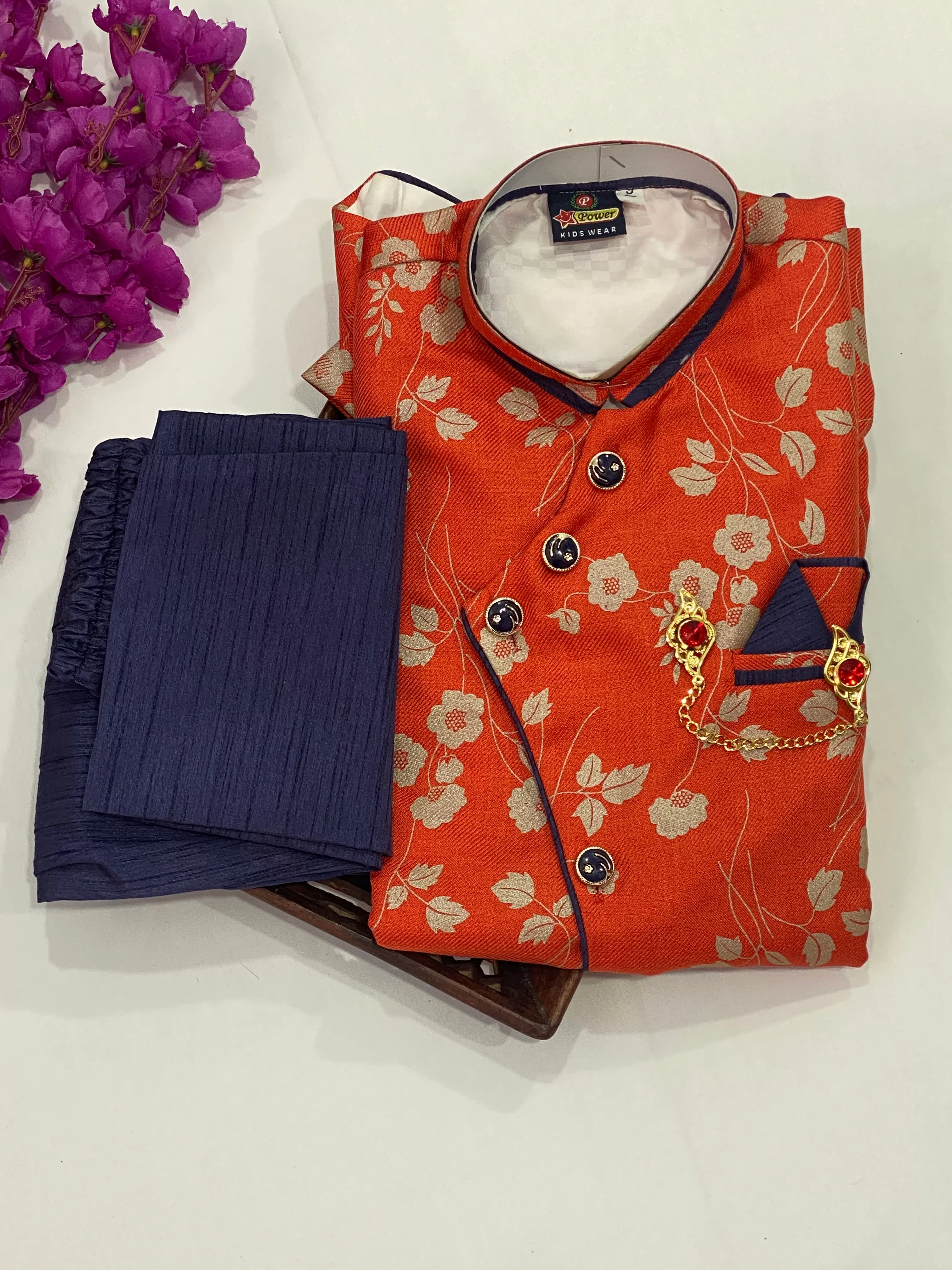 Dazzling Orange Color Boys Kurta Set With Contrast Pajama