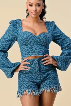 Denim Leopard Short Set