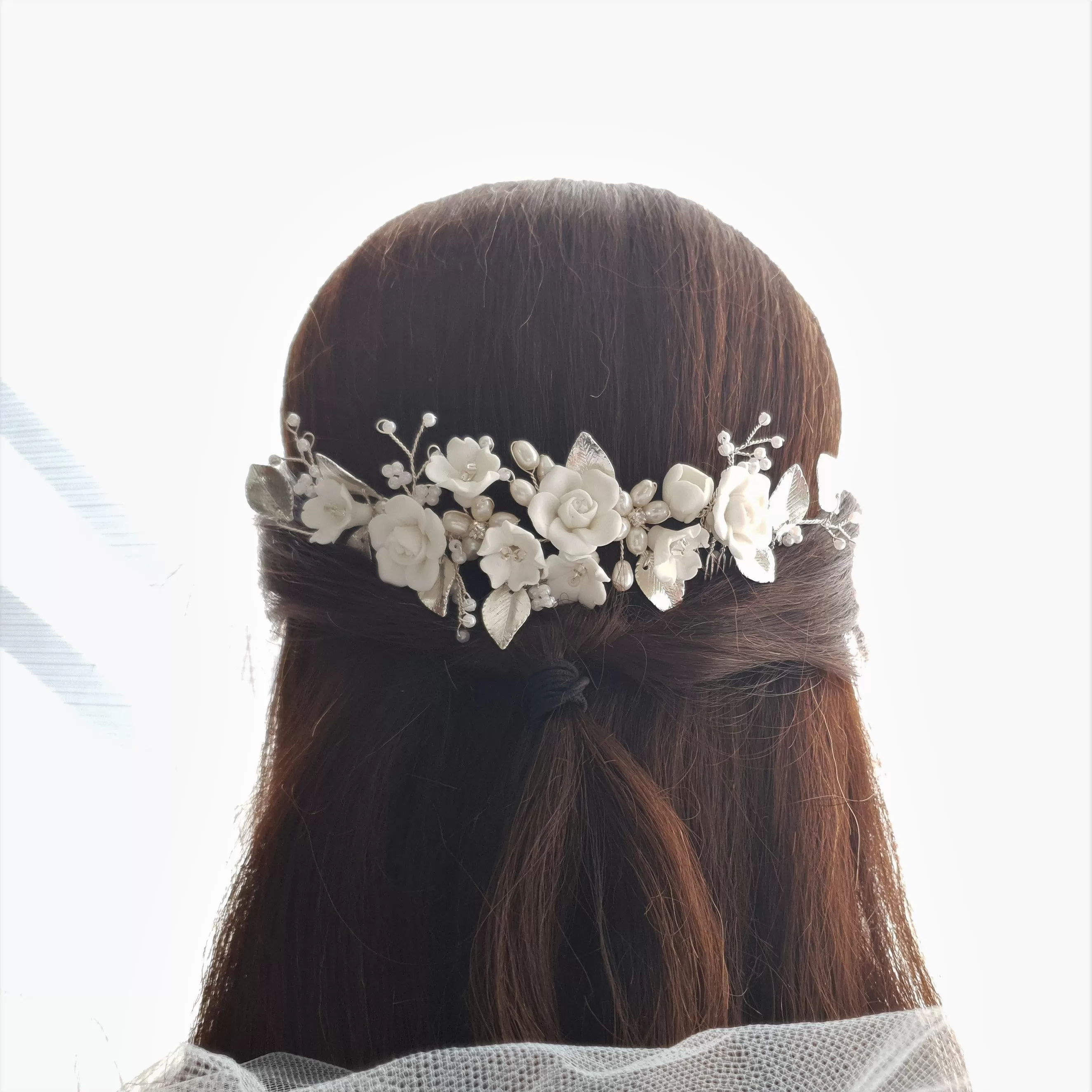 Double Comb Bridal Hairpiece with White Flowers-Blossom