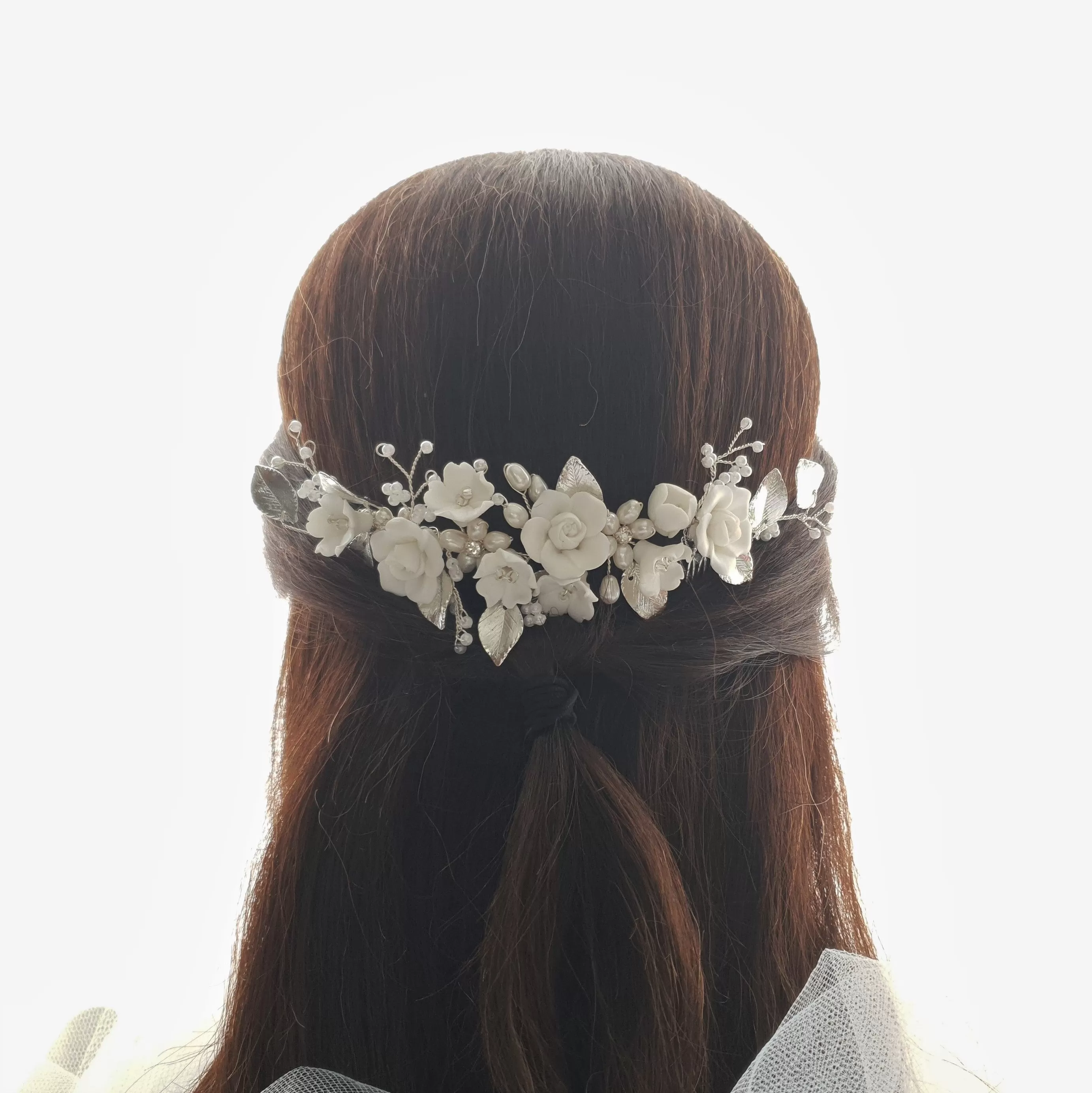 Double Comb Bridal Hairpiece with White Flowers-Blossom