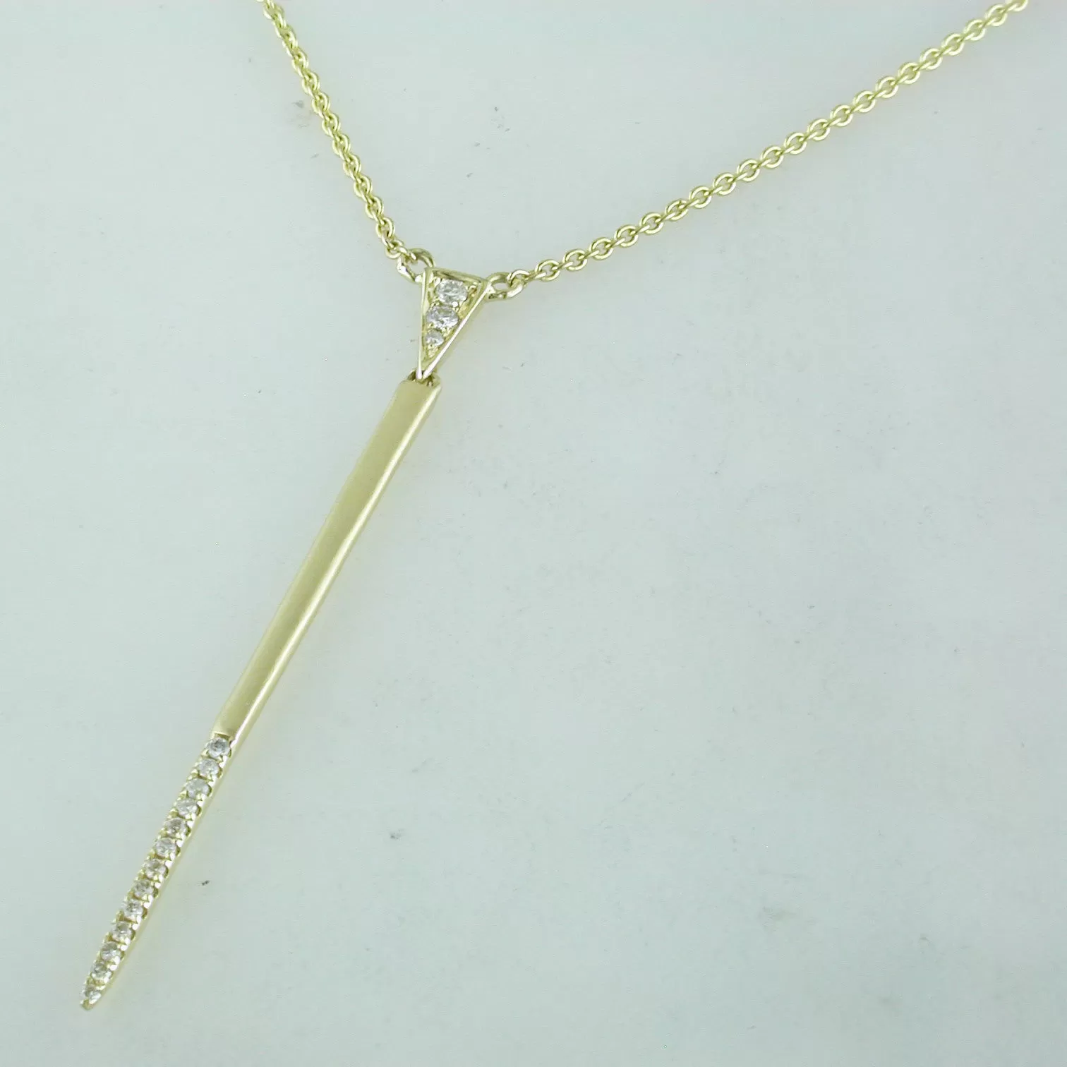 Doves Pave Diamond Single Line Triangle Dangle Drop Yellow Gold Necklace Pendant