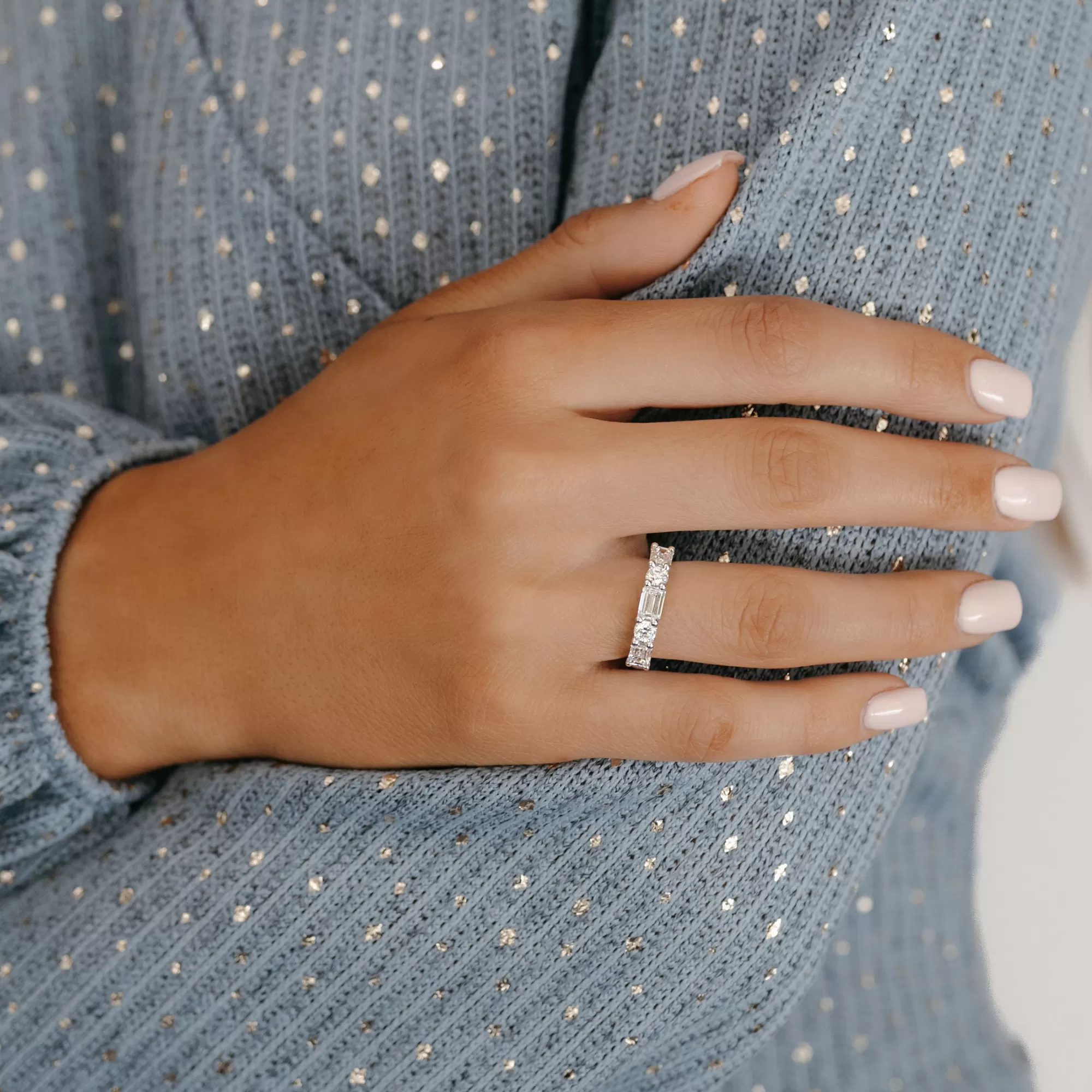 Emerald Cut & Round Diamond Halfway Ring