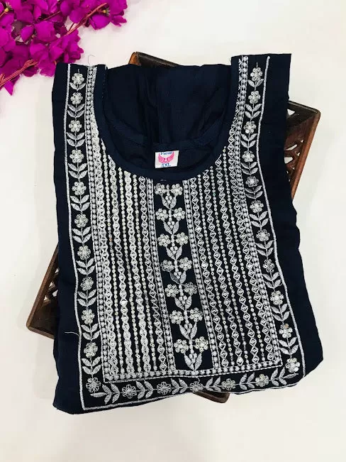 Fabulous Dark Blue Color Kurti With Embroidery Work For Women