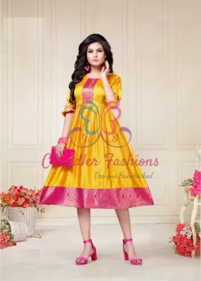 Fantastic Yellow Color Aura Silk Kurti With Pink Border