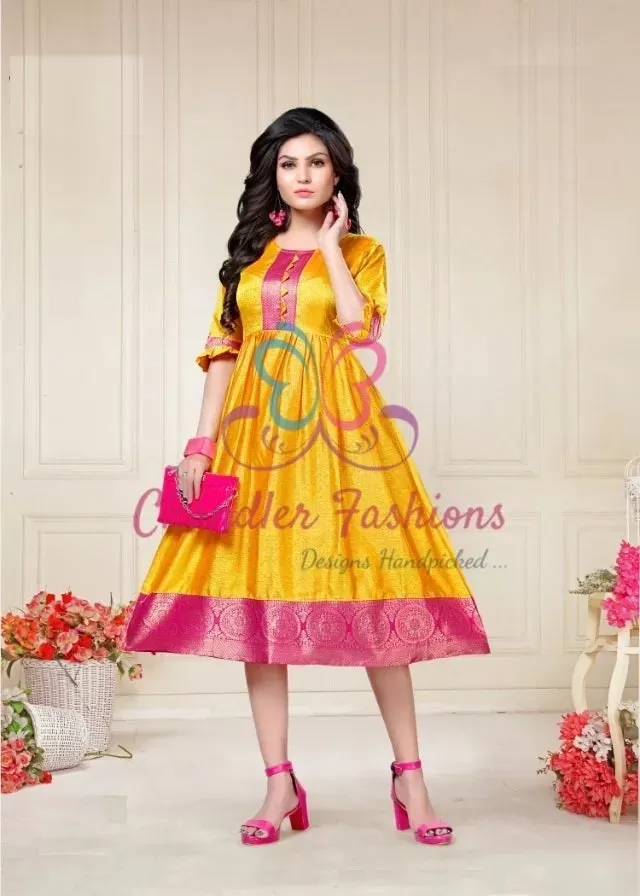 Fantastic Yellow Color Aura Silk Kurti With Pink Border