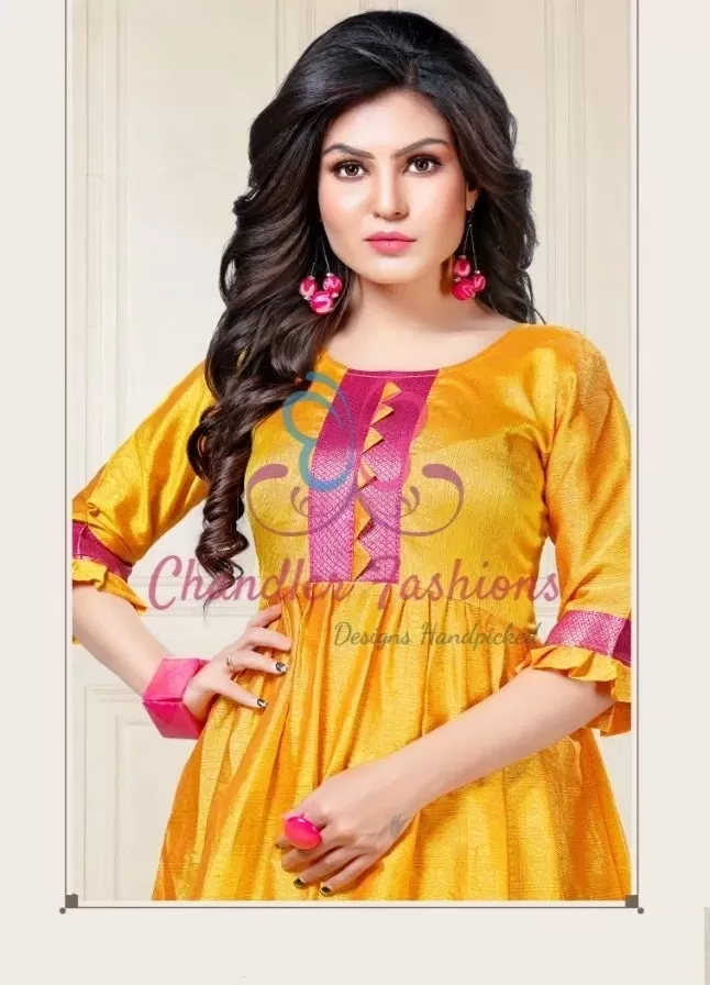 Fantastic Yellow Color Aura Silk Kurti With Pink Border