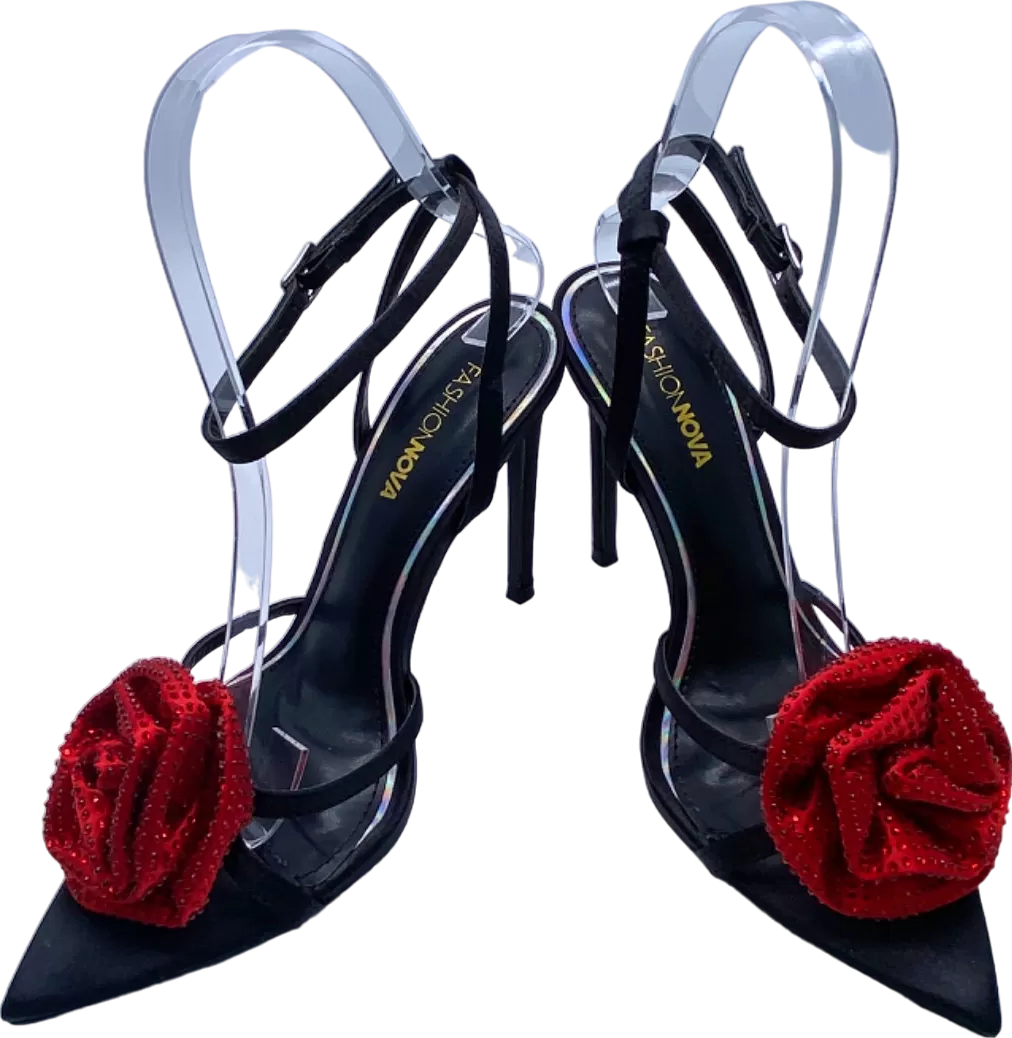 Fashion Nova Black Red Floral Embellished Heels UK 6