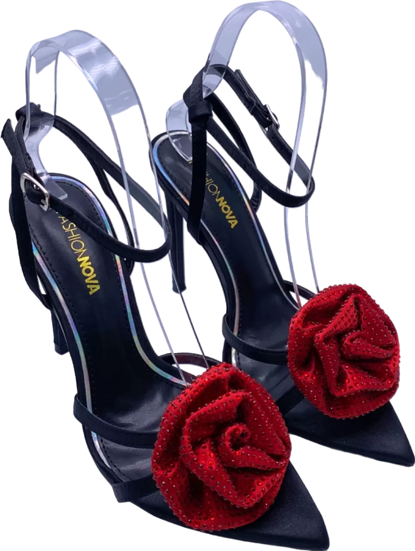 Fashion Nova Black Red Floral Embellished Heels UK 6