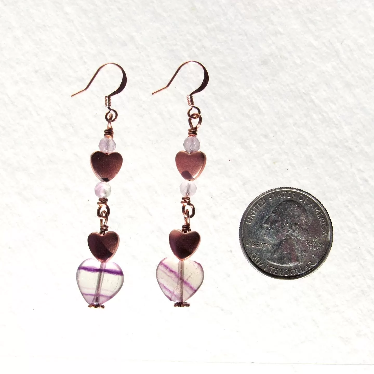 Fluorite and Hematite gemstone Dangle Heart earrings