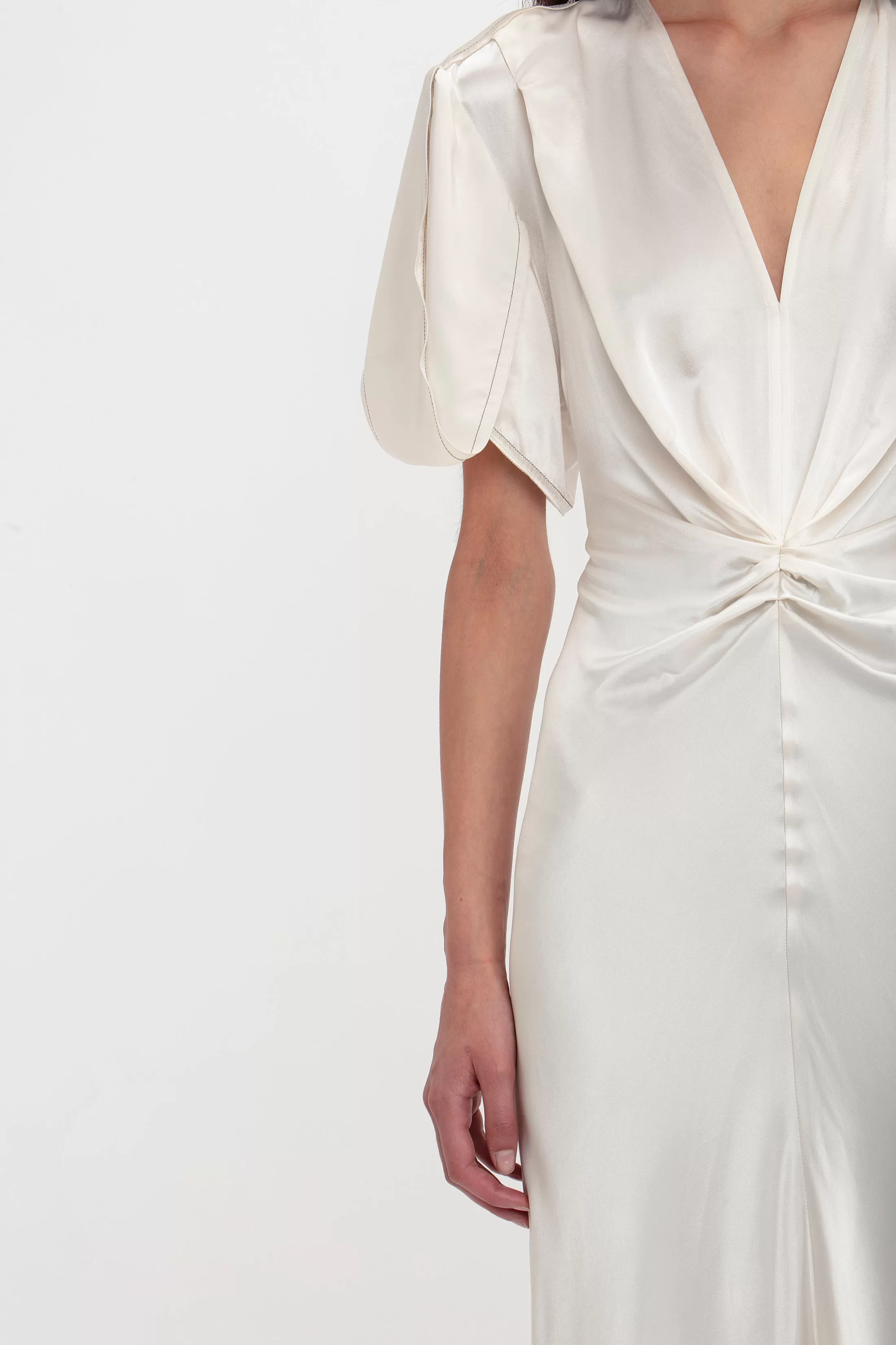 Gathered V-Neck Midi Dress In Ivory