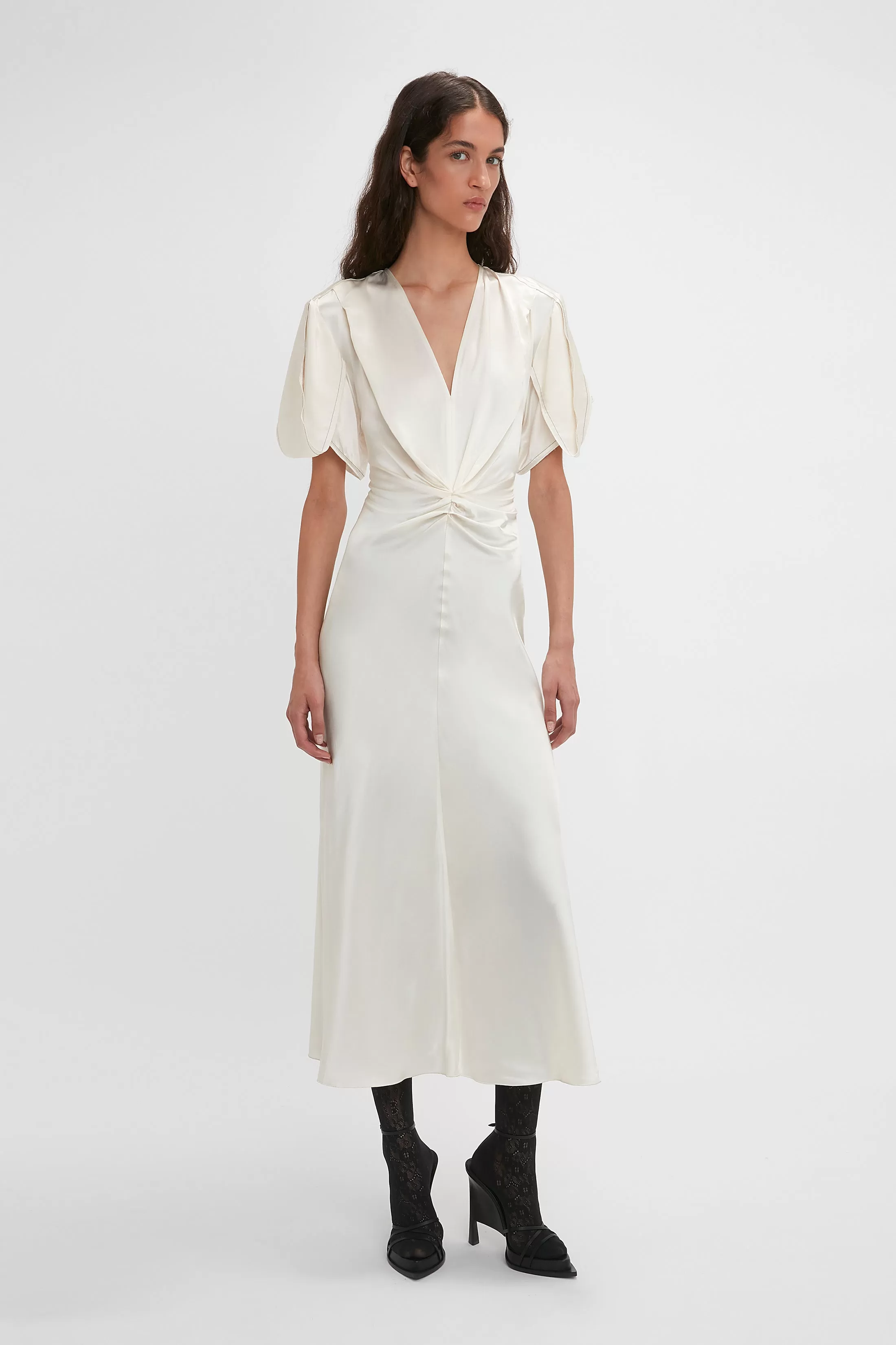 Gathered V-Neck Midi Dress In Ivory