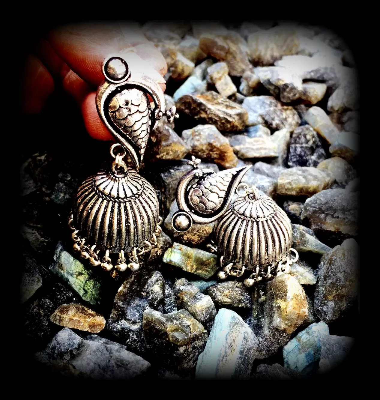 German Silver Oxidised Jhumkas with Peacock stud