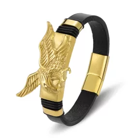 Gold Plated Stainless-Steel Leather Flying Eagle Bracelet