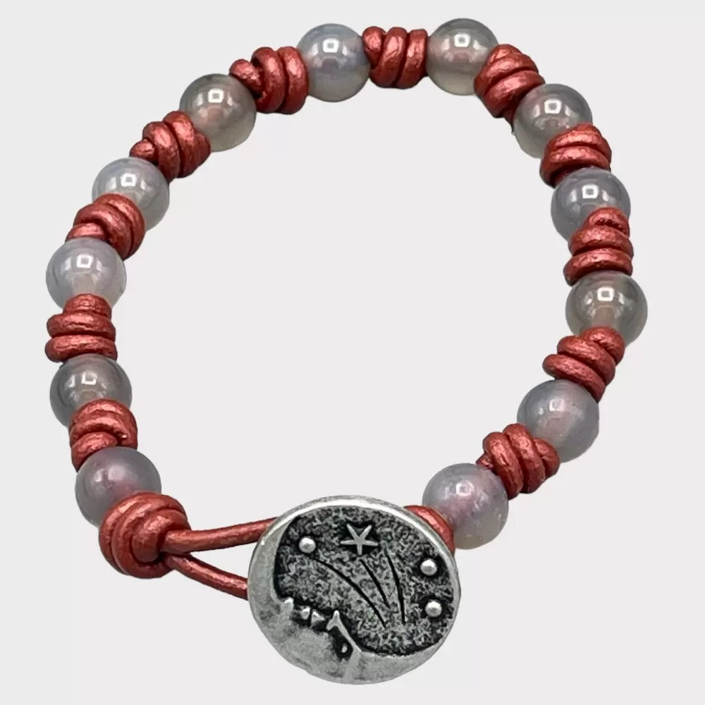 Gray agate and Moon Leather Bracelet