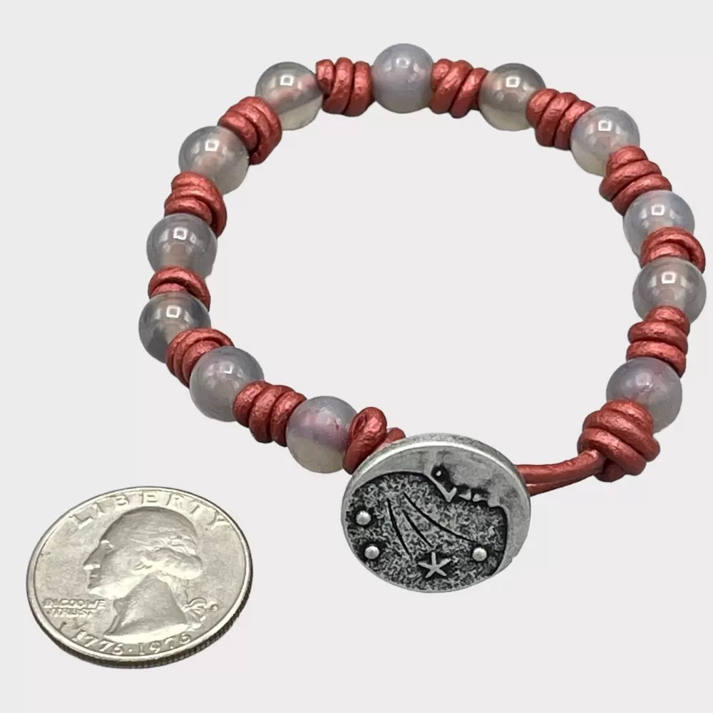 Gray agate and Moon Leather Bracelet