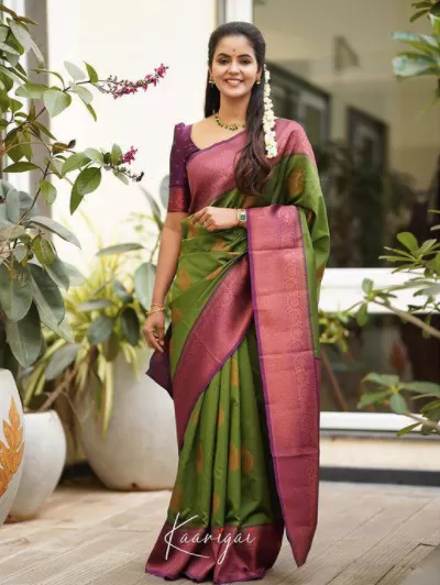 Green Pink Kanchipuram silk sarees Wedding