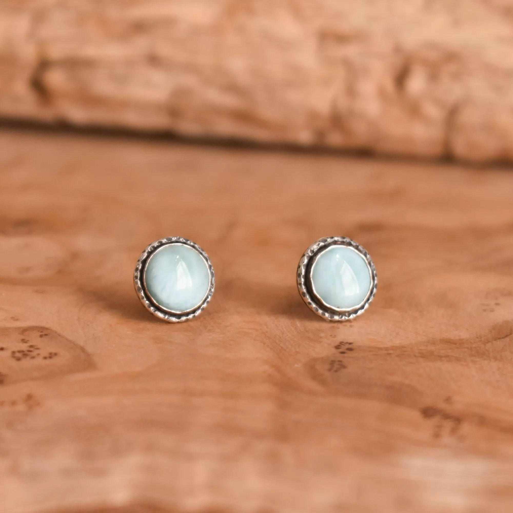 Hammered Larimar Posts - Larimar Studs - Dominican Larimar Earrings - Silversmith - Sterling Silver Posts