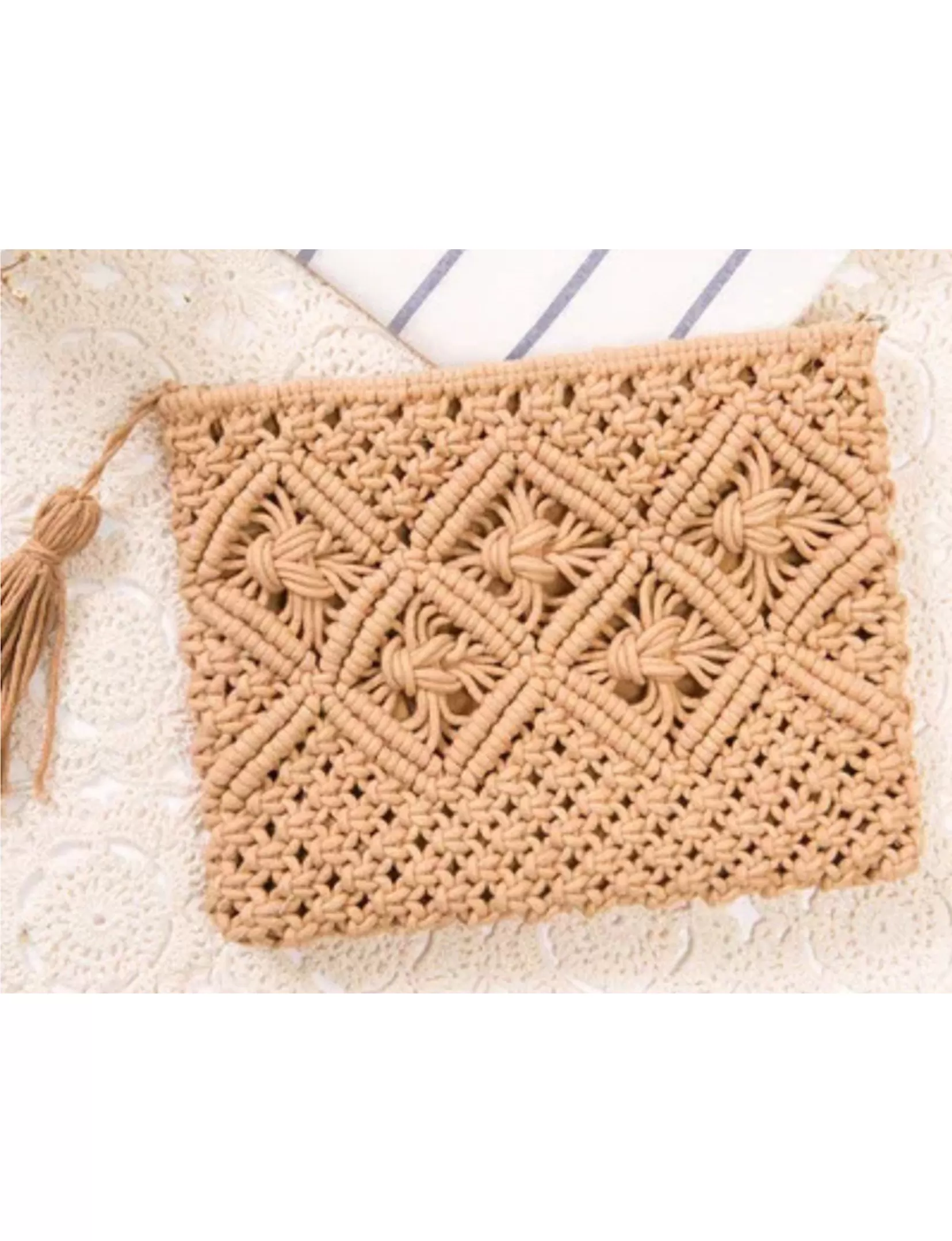 Handmade Cotton Rope Macrame Clutch, Tan