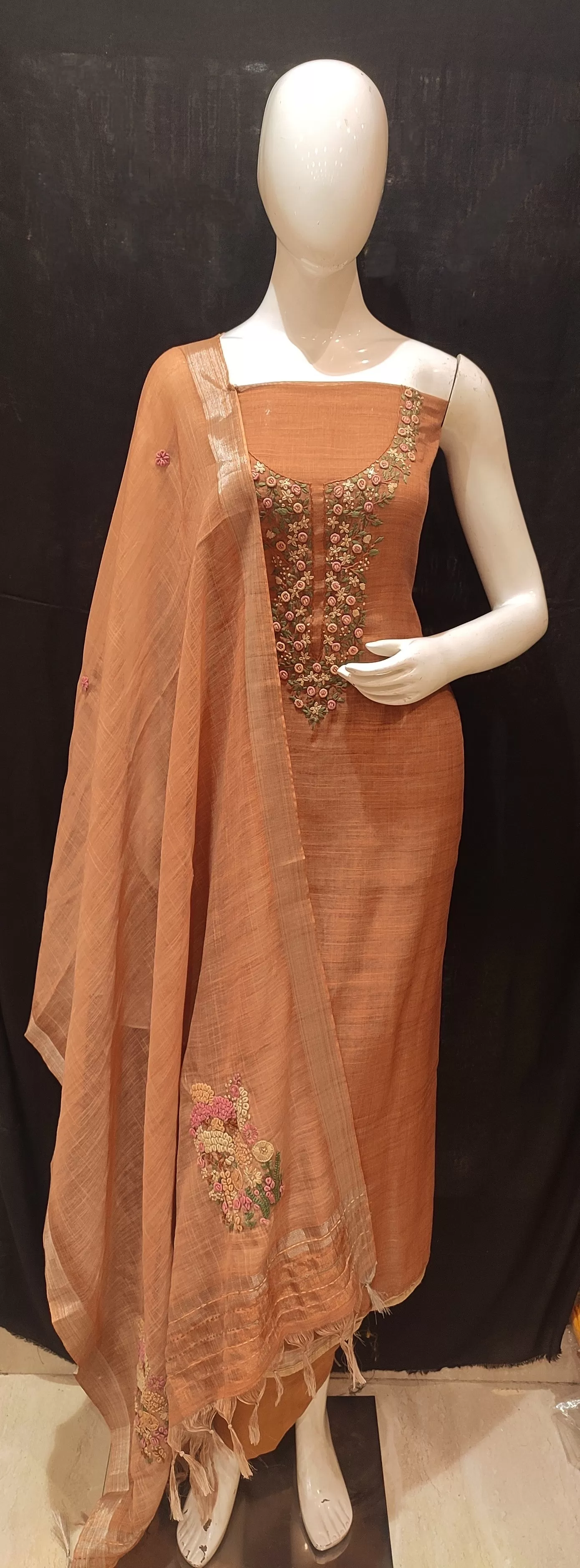 Light Brown Linen Silk Unstitched Suit With Thread Embroidery