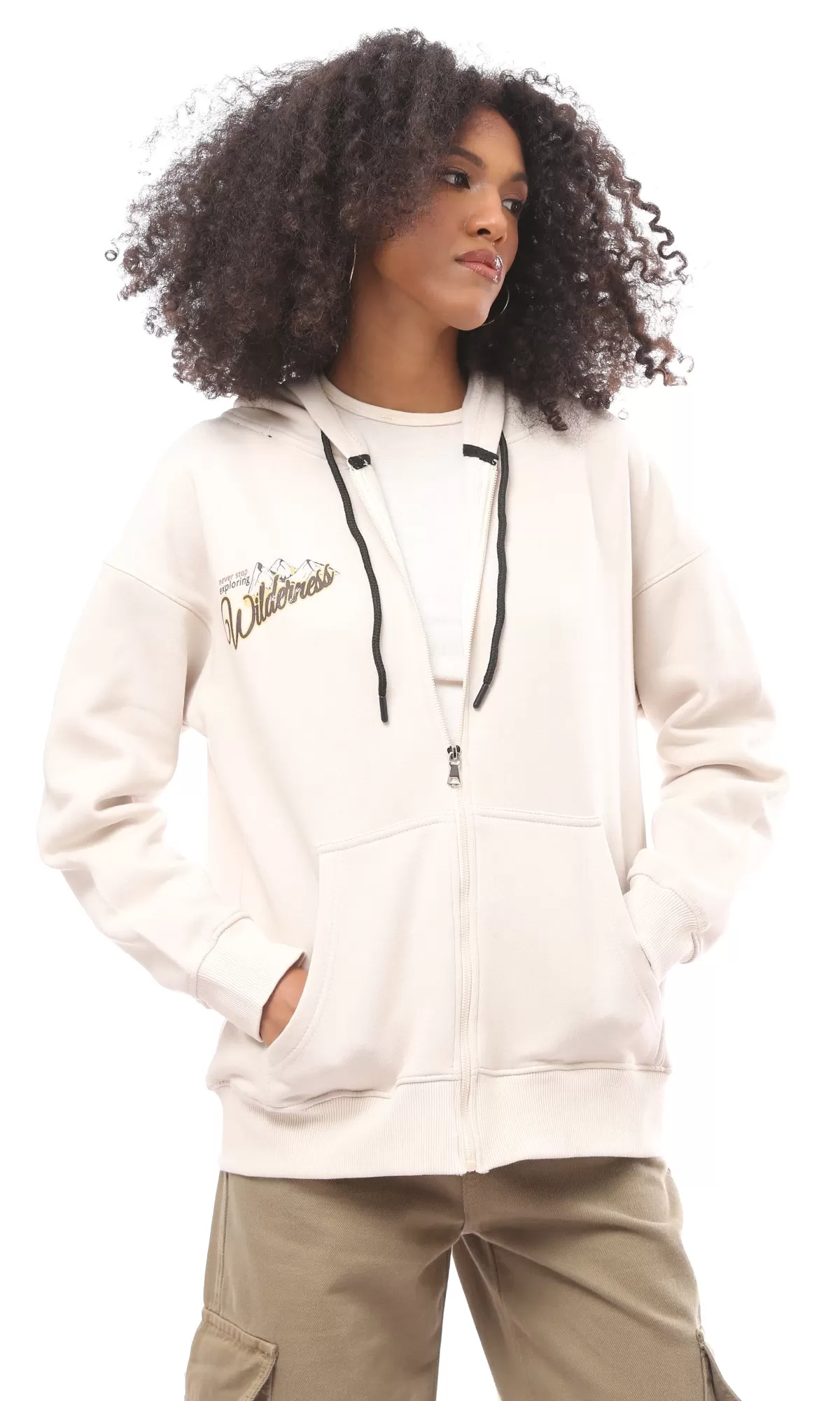 O173684 Hooded Neck With Drawstring Beige Sweatshirt