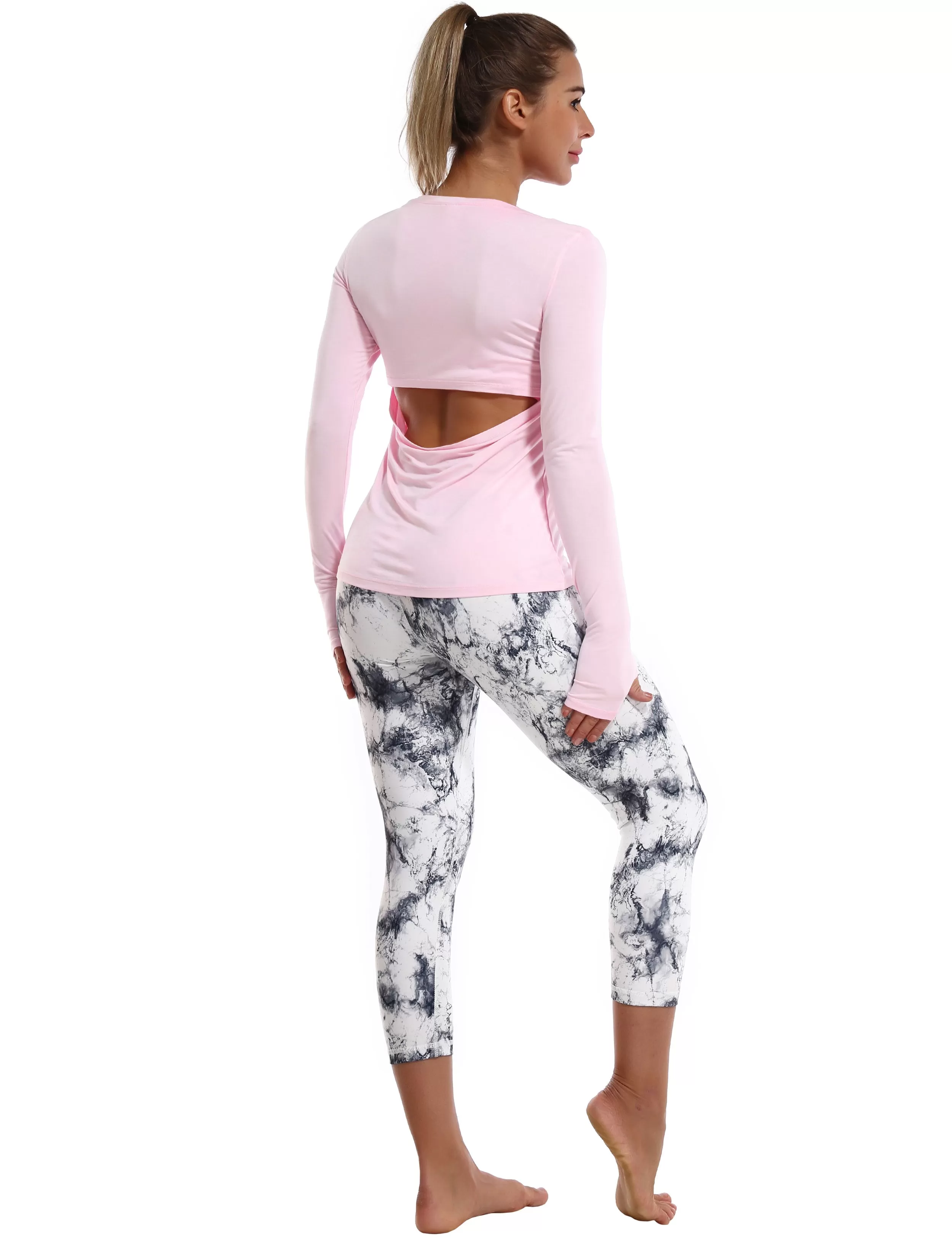 Open Back Long Sleeve Tops lightpink_yogastudio