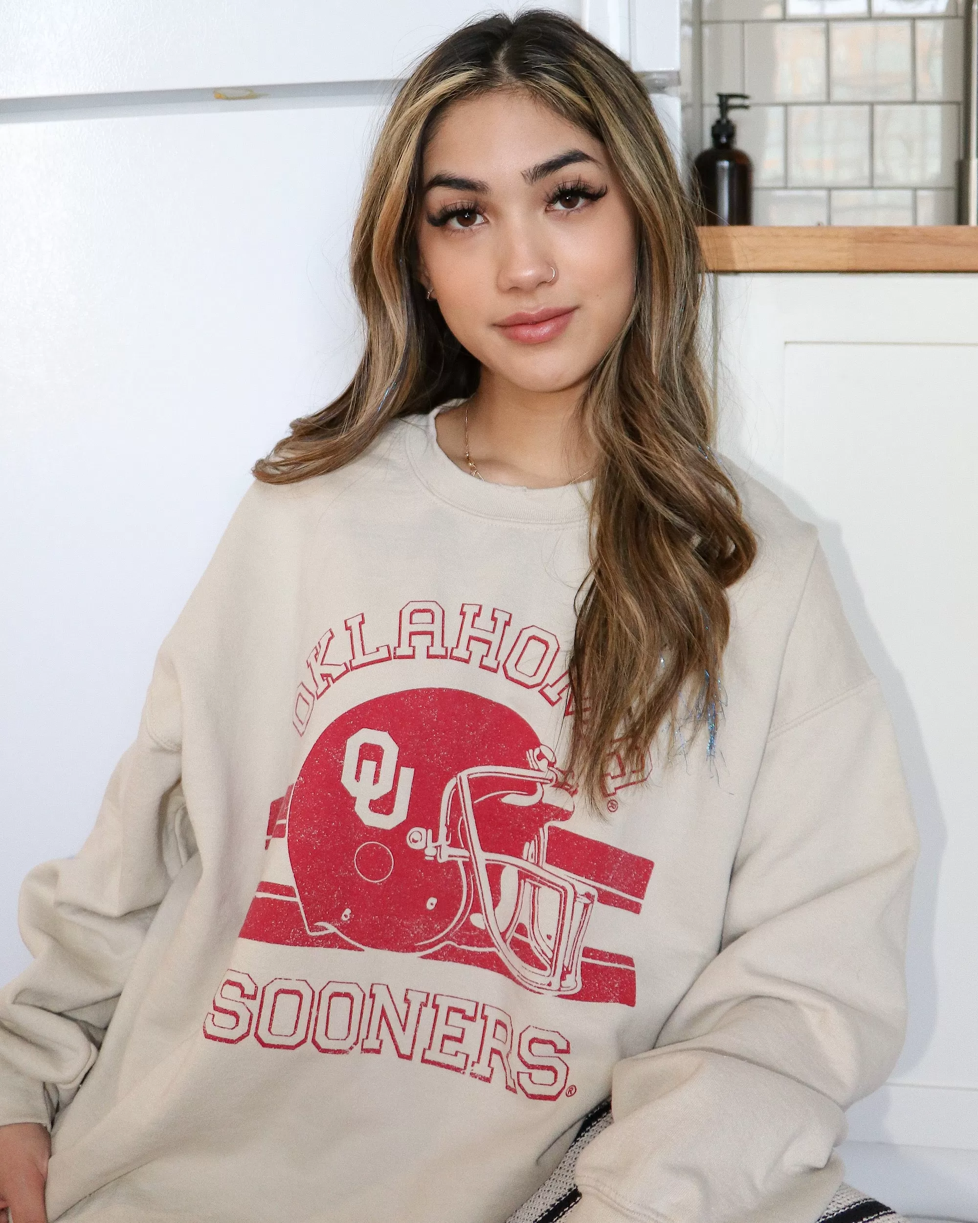 OU Champion Helmet Sand Thrifted Sweatshirt