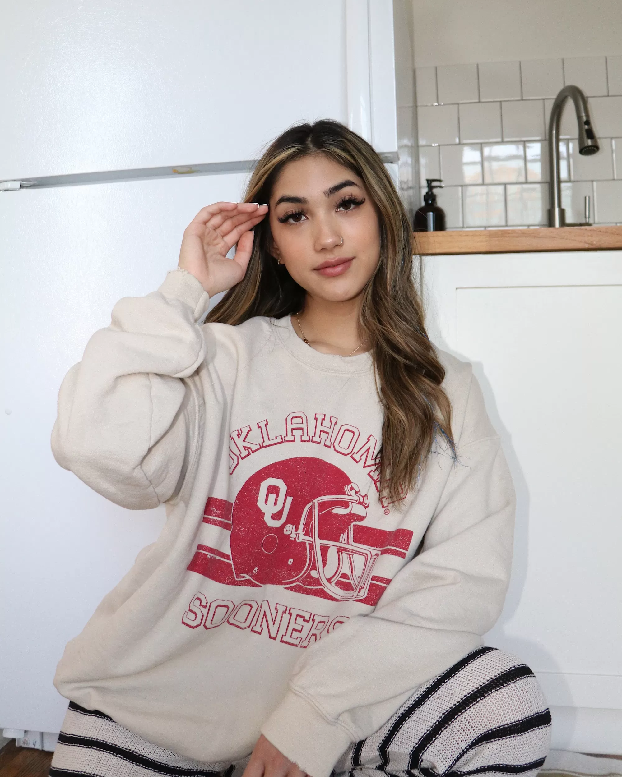 OU Champion Helmet Sand Thrifted Sweatshirt