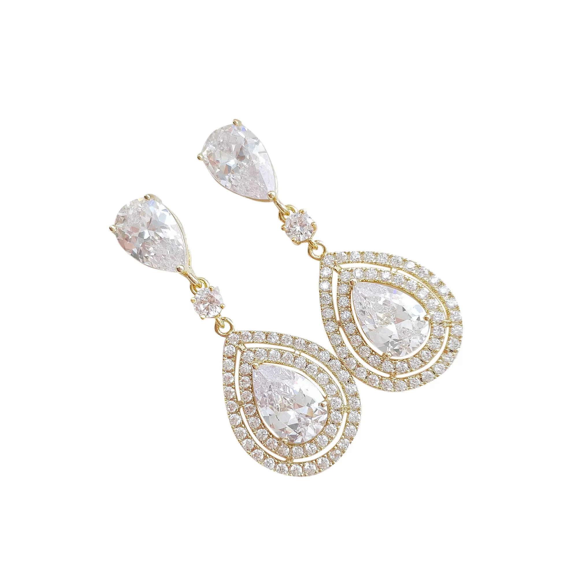 Pear Shaped Cubic Zirconia Drop Earrings for Brides- Joni