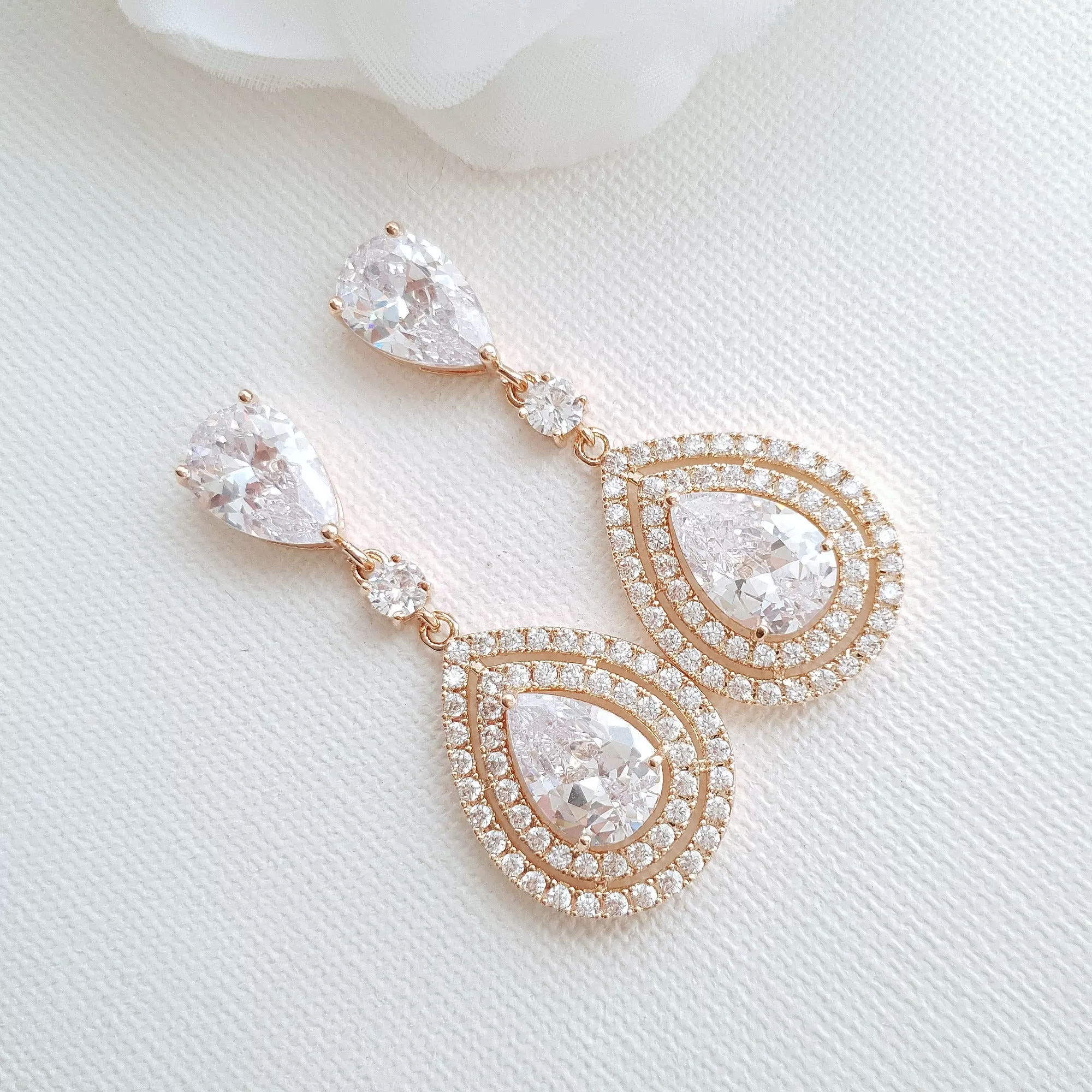 Pear Shaped Cubic Zirconia Drop Earrings for Brides- Joni