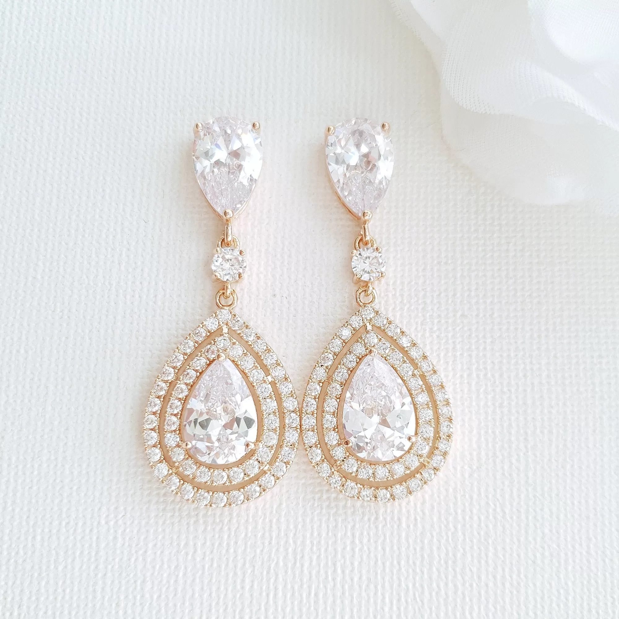 Pear Shaped Cubic Zirconia Drop Earrings for Brides- Joni