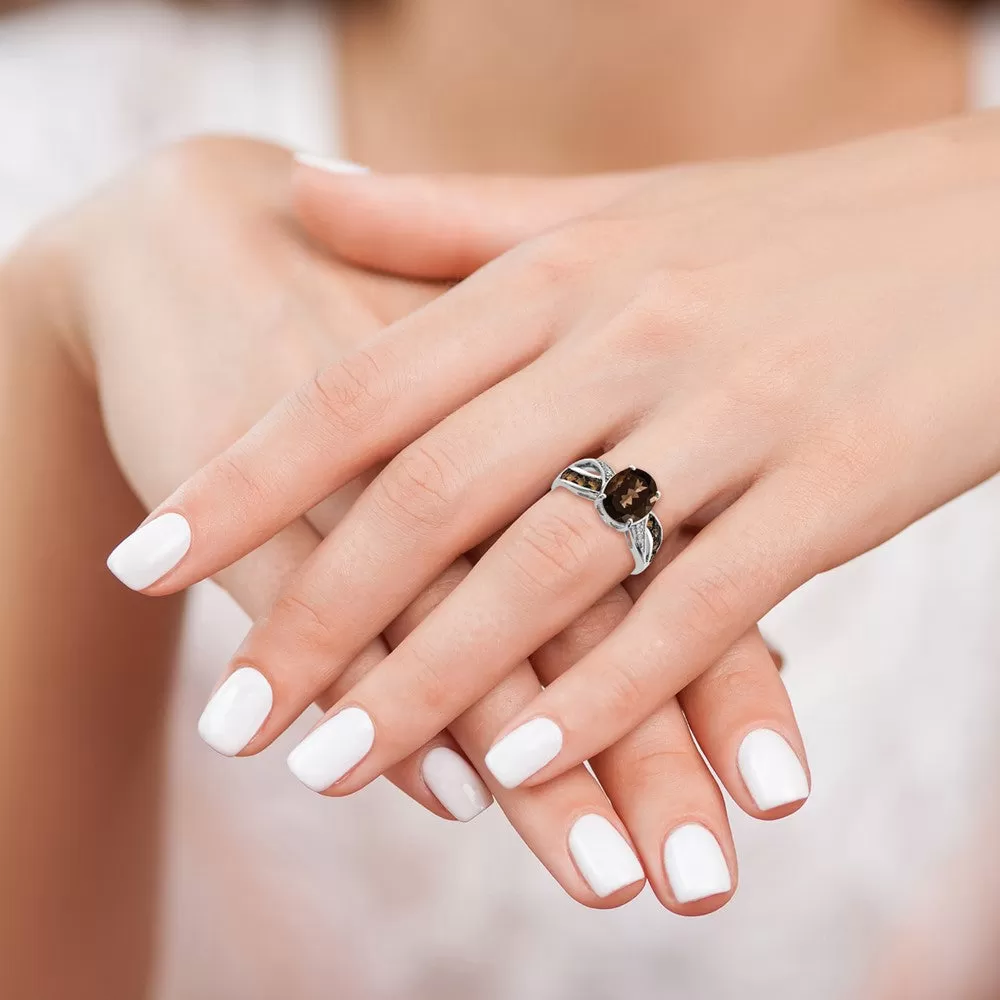 Rhodium Diamond & Smoky Quartz Ring in Sterling Silver