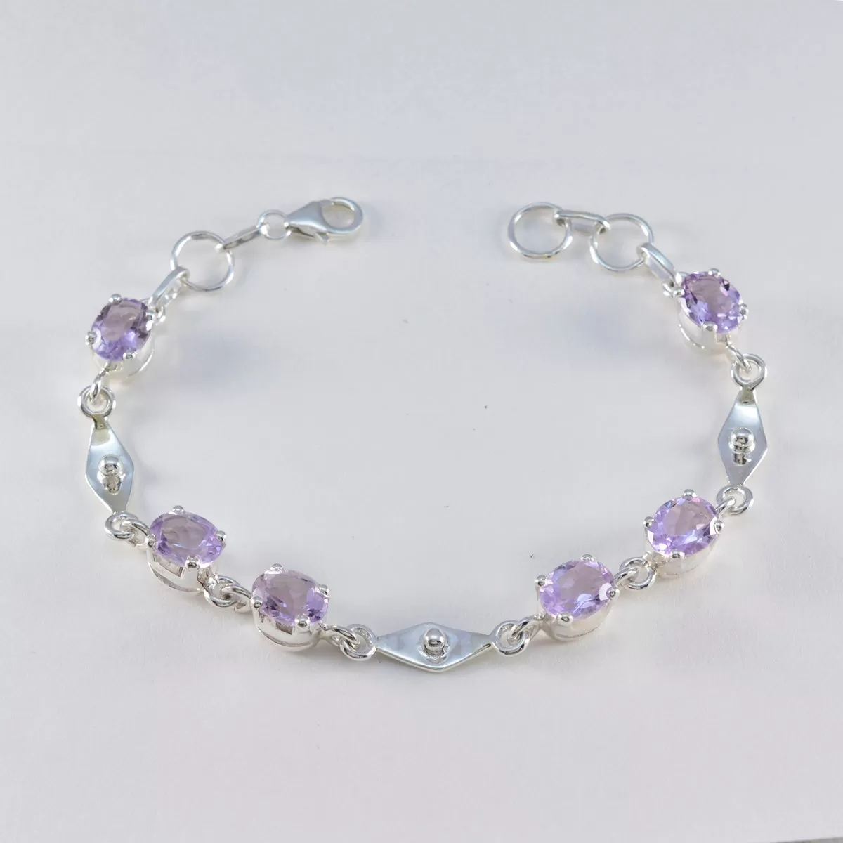 Riyo Classical 925 Sterling Silver Bracelet For Women Amethyst Bracelet Prong Setting Bracelet with Fish Hook Link Bracelet L Size 6-8.5 Inch.