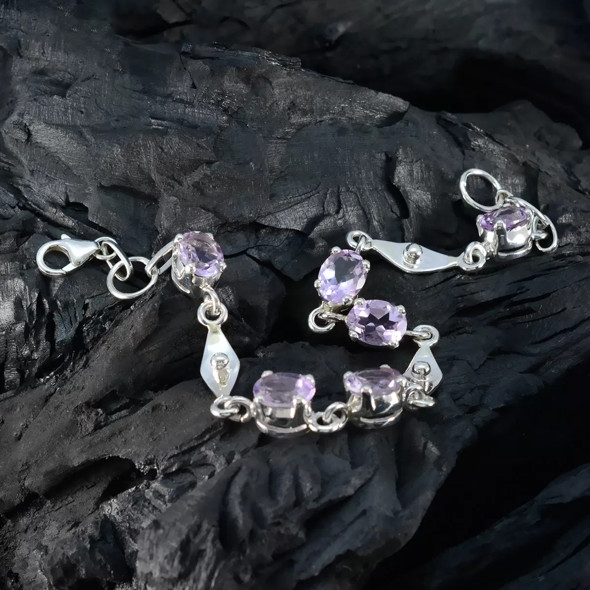 Riyo Classical 925 Sterling Silver Bracelet For Women Amethyst Bracelet Prong Setting Bracelet with Fish Hook Link Bracelet L Size 6-8.5 Inch.