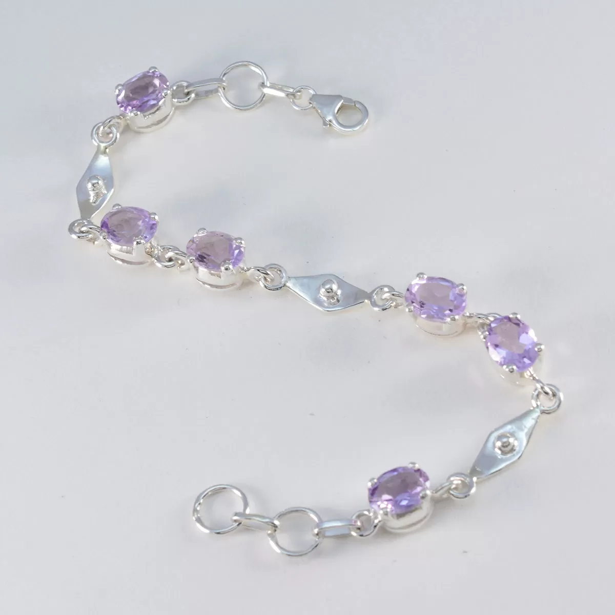 Riyo Classical 925 Sterling Silver Bracelet For Women Amethyst Bracelet Prong Setting Bracelet with Fish Hook Link Bracelet L Size 6-8.5 Inch.