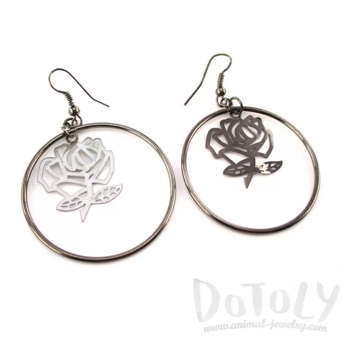 Rose Floral Filigree Cut Out Hoop Drop Earrings in Silver | DOTOLY