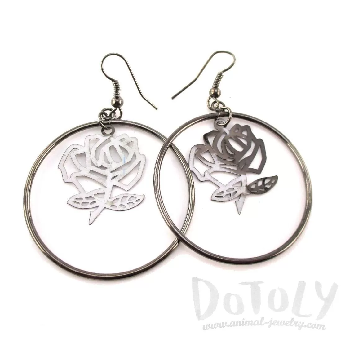 Rose Floral Filigree Cut Out Hoop Drop Earrings in Silver | DOTOLY