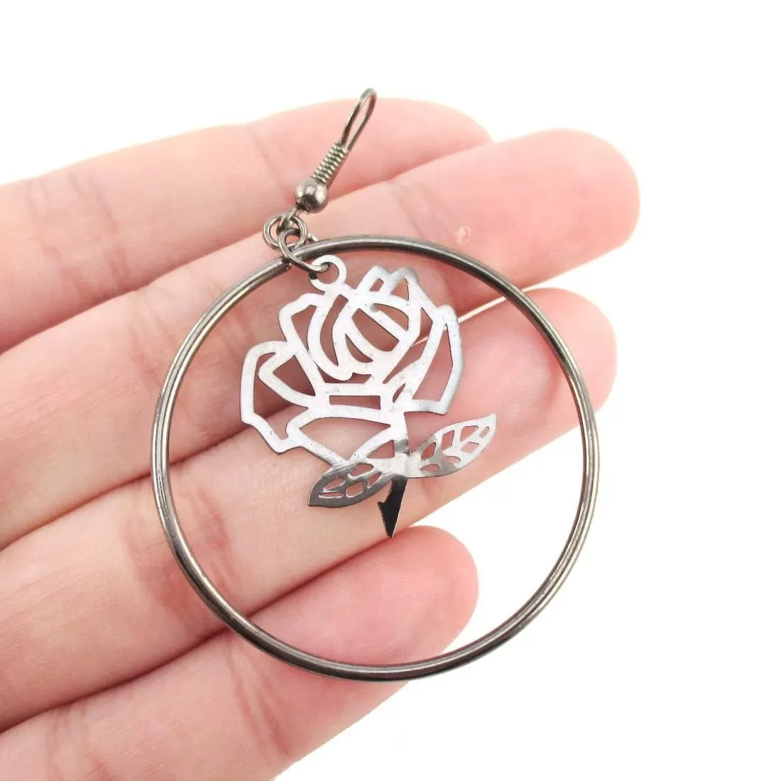 Rose Floral Filigree Cut Out Hoop Drop Earrings in Silver | DOTOLY