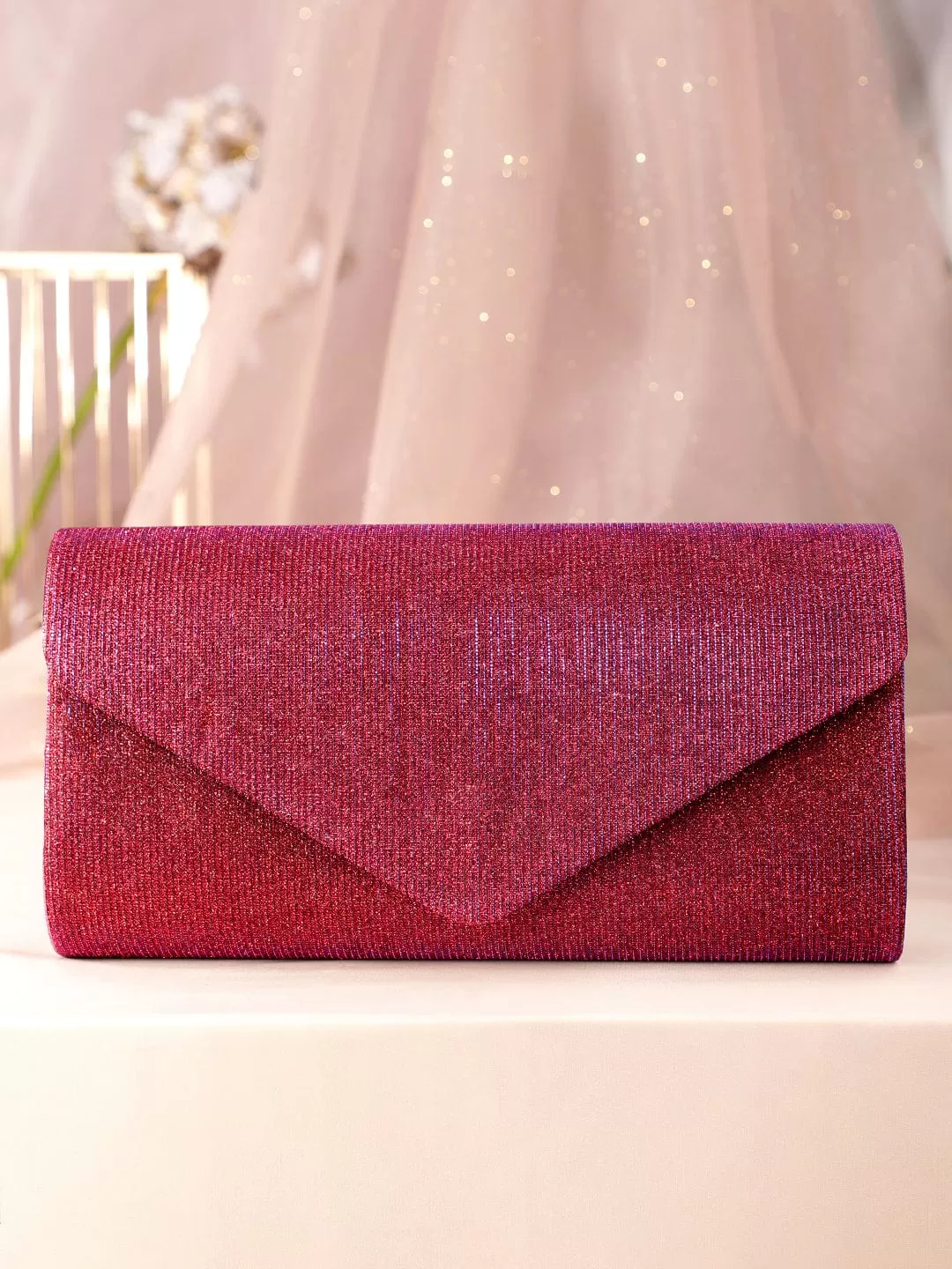 Rubans Radiant Bloom Magenta Textured Shimmery Clutch Bag